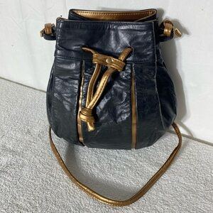 Vintage Maxime Black Leather Crossbody Sack Bag Purse Shoulder Bag